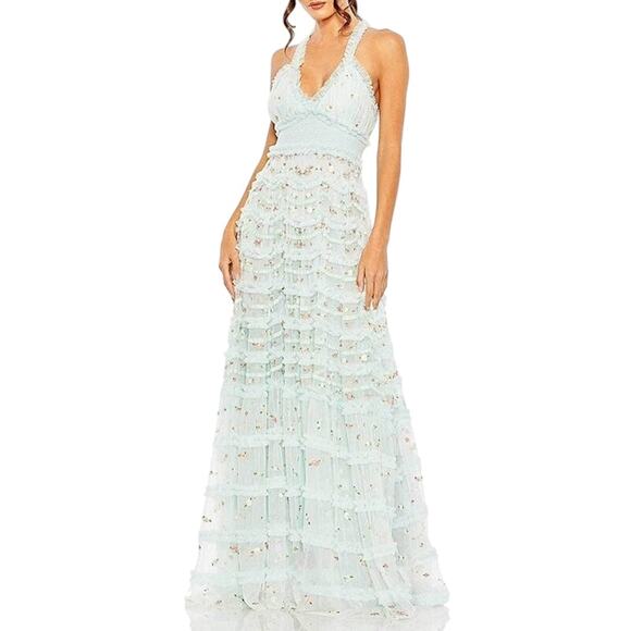 Mac Duggal NWT V-Neckline Cross Back Ruffle A-Line Dress in Blue Multi Size 6 - Picture 1 of 8